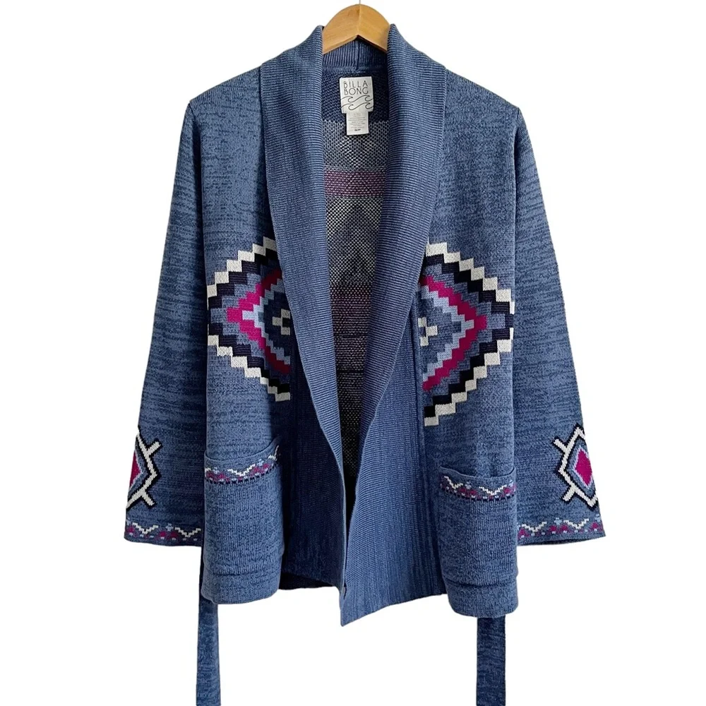 Blue Patterned Belted Shawl Cardigan Sweater - Picture 2 of 16